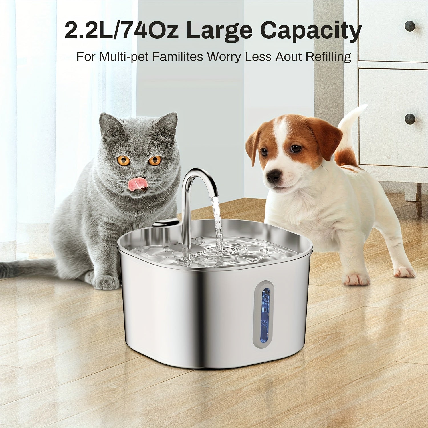 2.2L Filtered Stainless Steel Cat Fountain – product view 4