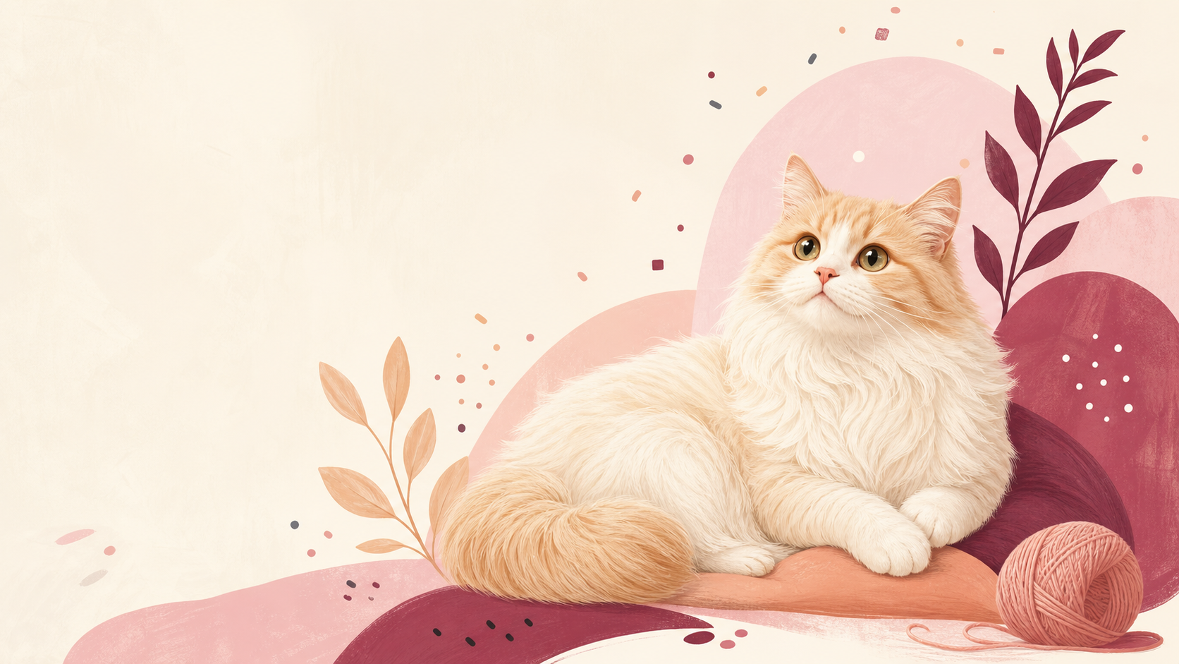 A fluffy cream and ginger cat resting among playful pink shapes